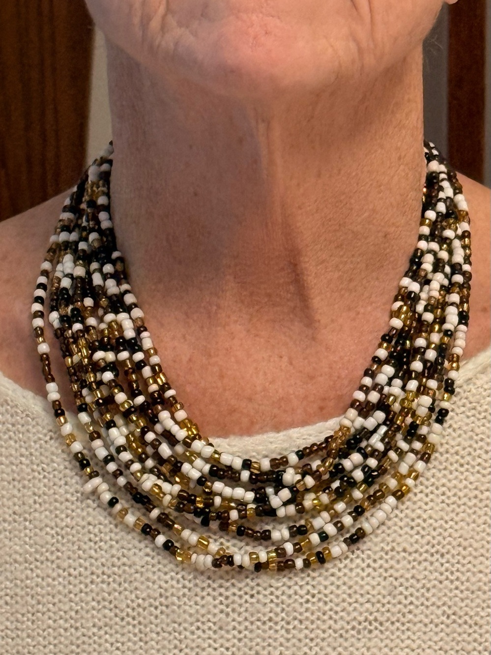 Multi-Strand White, Black and Gold Beaded Necklace